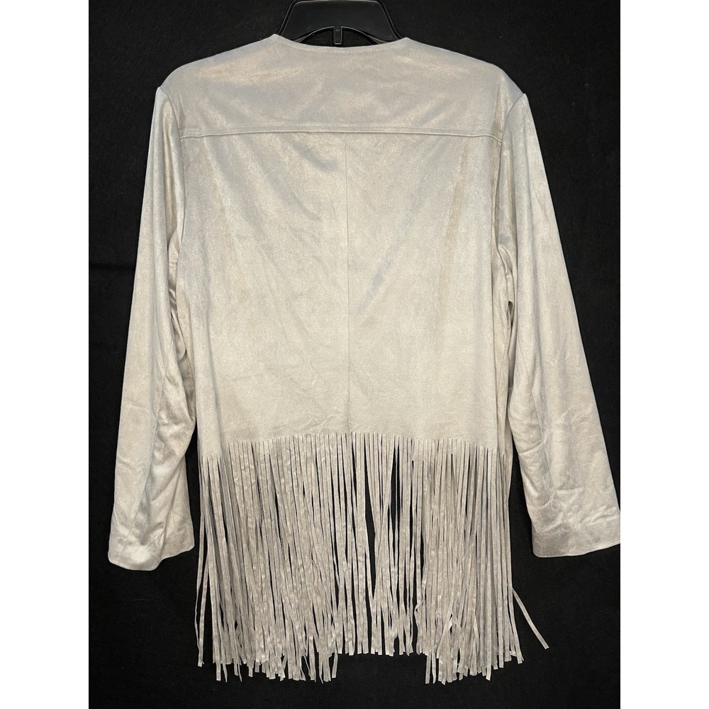 Chicos 2 Faux Suede Fringed Jacket Gray Boho Hippie  Quiet Luxury Western Festiv - Picture 8 of 9